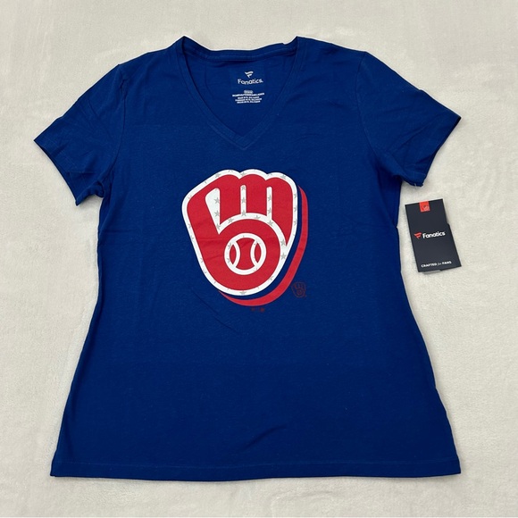 Milwaukee Brewers MLB Baseball Fanatics Royal Blue Team V-Neck T-Shirt Women’s M - Picture 1 of 9